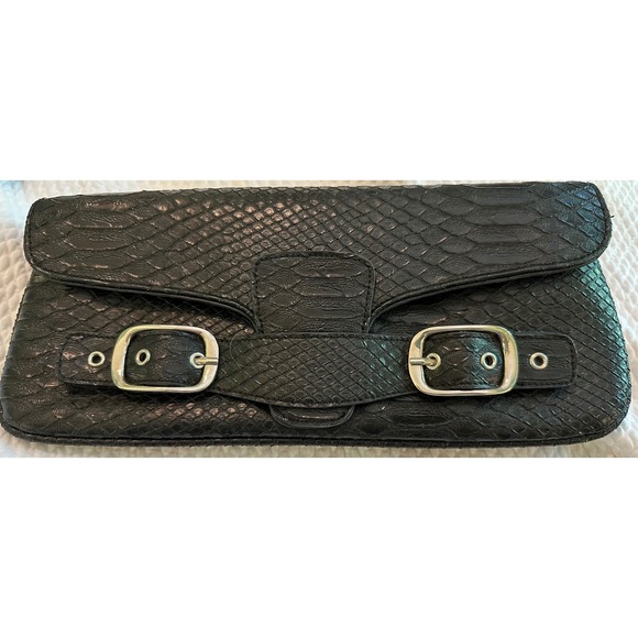 Chinese Laundry Handbags - Chinese Laundry Black Snakeskin leather Embossed Clutch‎ Evening Bag  Detail